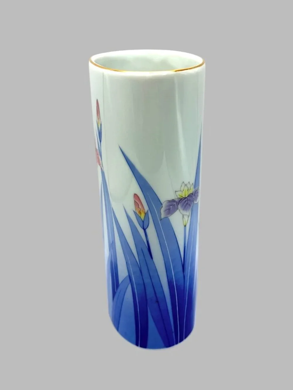 Vintage Japanese Porcelain Iris Floral Vase Blue White Gold Rim 8.5